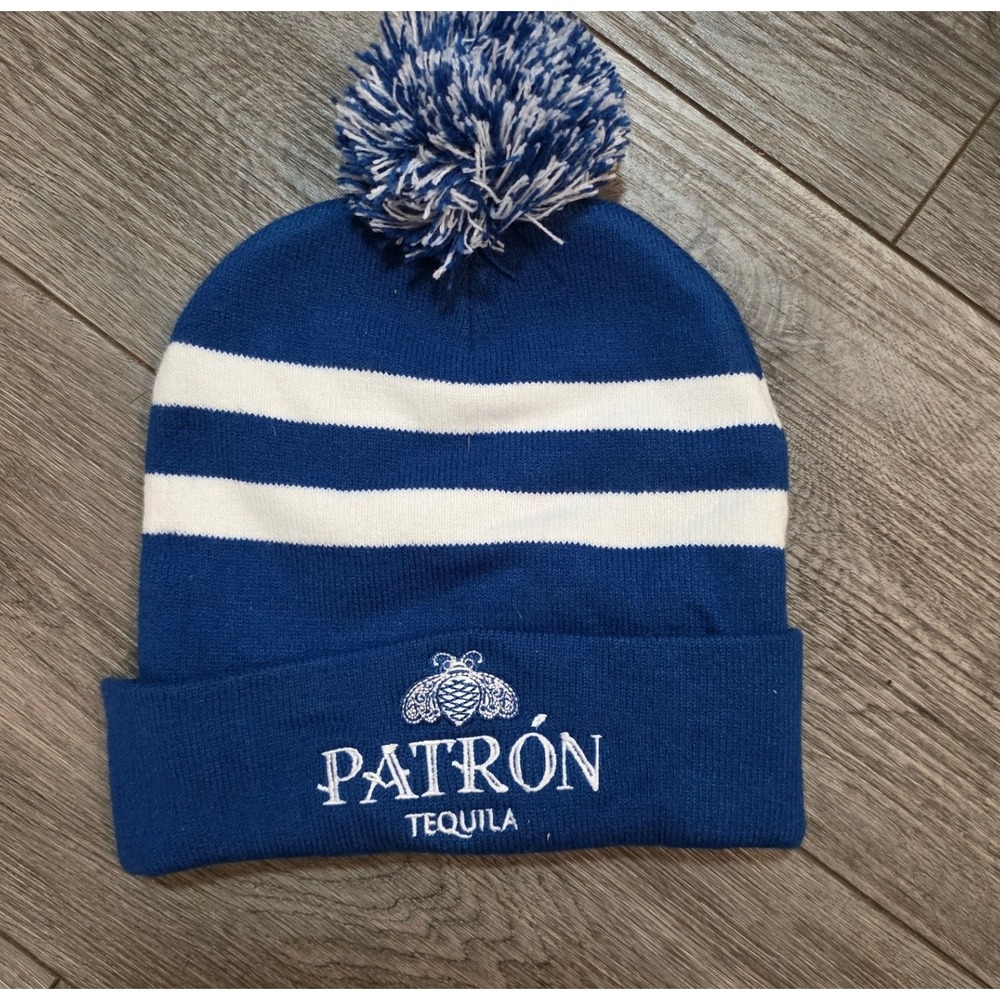 Patron Unisex OS Beanie Blue White Striped Pom Pom Embroidered Logo Knit Hat